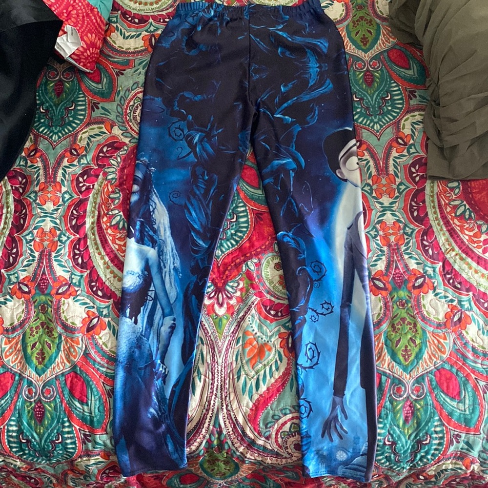 Blue Printed Women’s Stretch Leggings Corpse Bride Tim Burton Size Small